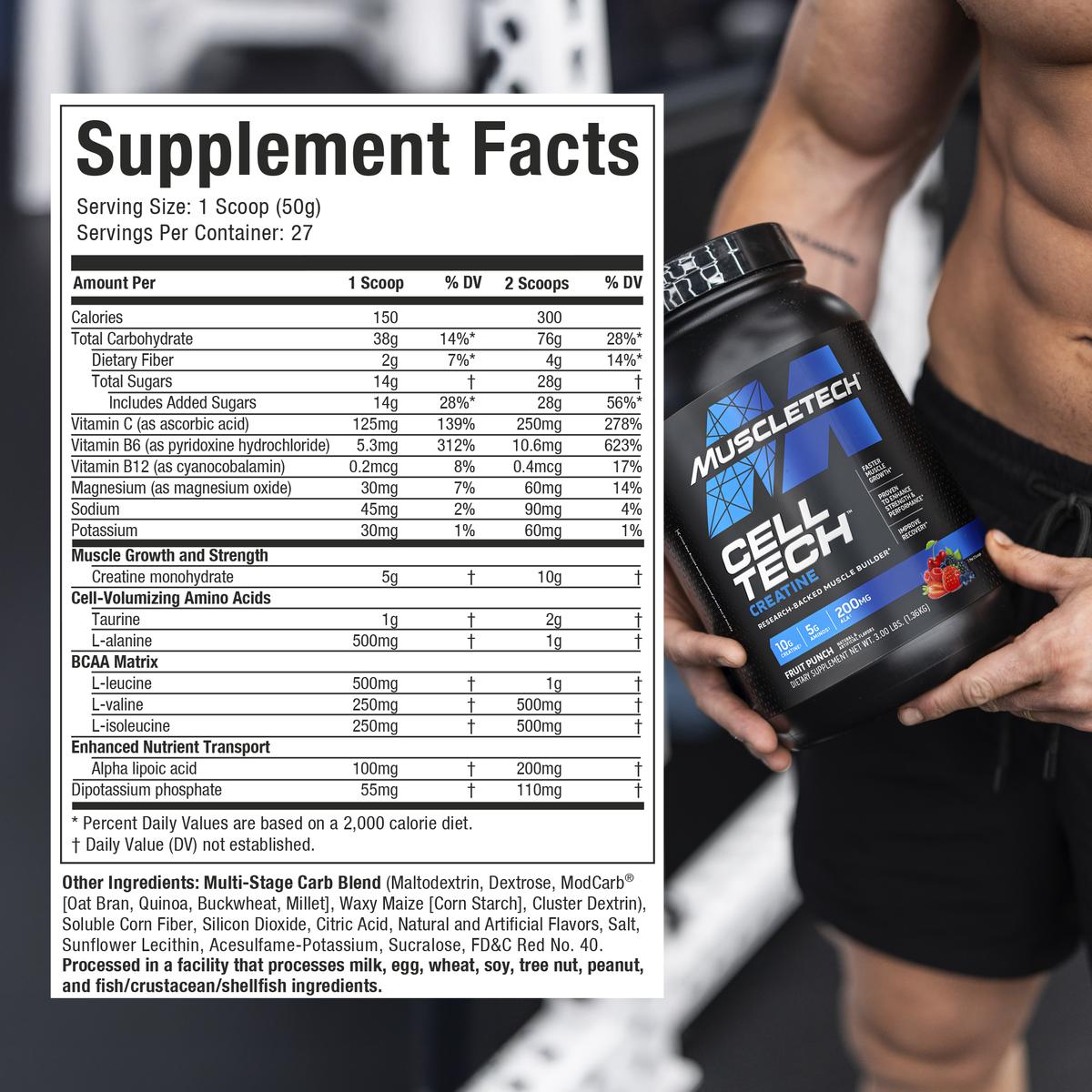 Supplement Facts label for MuscleTech CellTech Creatine, Fruit Punch flavor. One scoop (50g) provides 150 calories, 38g carbohydrates (14% DV), 2g fiber (7% DV), 14g sugars (including 14g added sugars – 28% DV), 125mg vitamin C (139% DV), 5.3mg vitamin B6 (312% DV), 0.2mcg vitamin B12 (8% DV), 30mg magnesium (7% DV), 45mg sodium (2% DV), and 30mg potassium (1% DV). Two scoops doubles all values, providing 300 calories, 76g carbs, 4g fiber, and 10g creatine monohydrate. Also includes taurine (1–2g), L-alanin