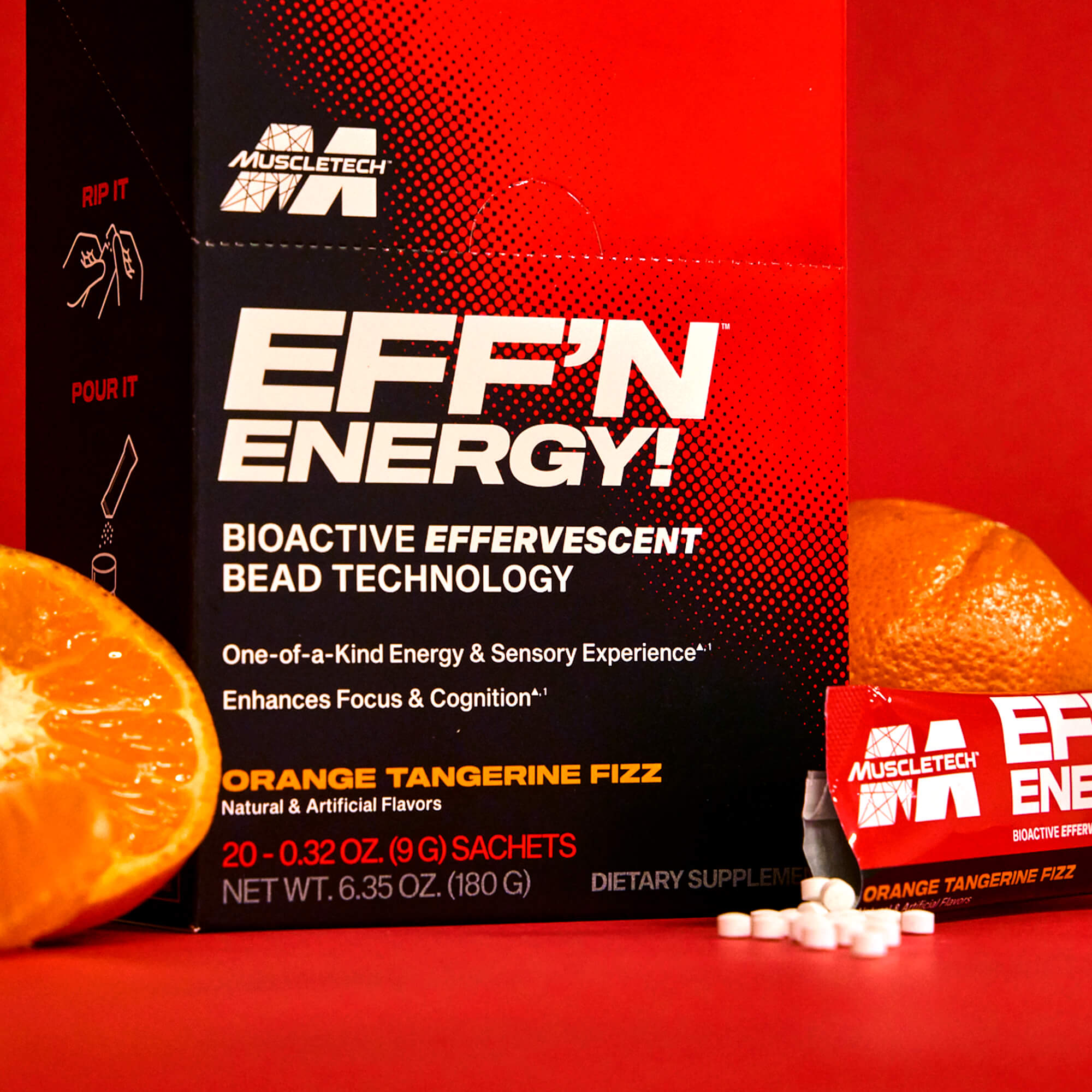 Muscletech EFF'N Energy supplement packaging with oranges on a red background