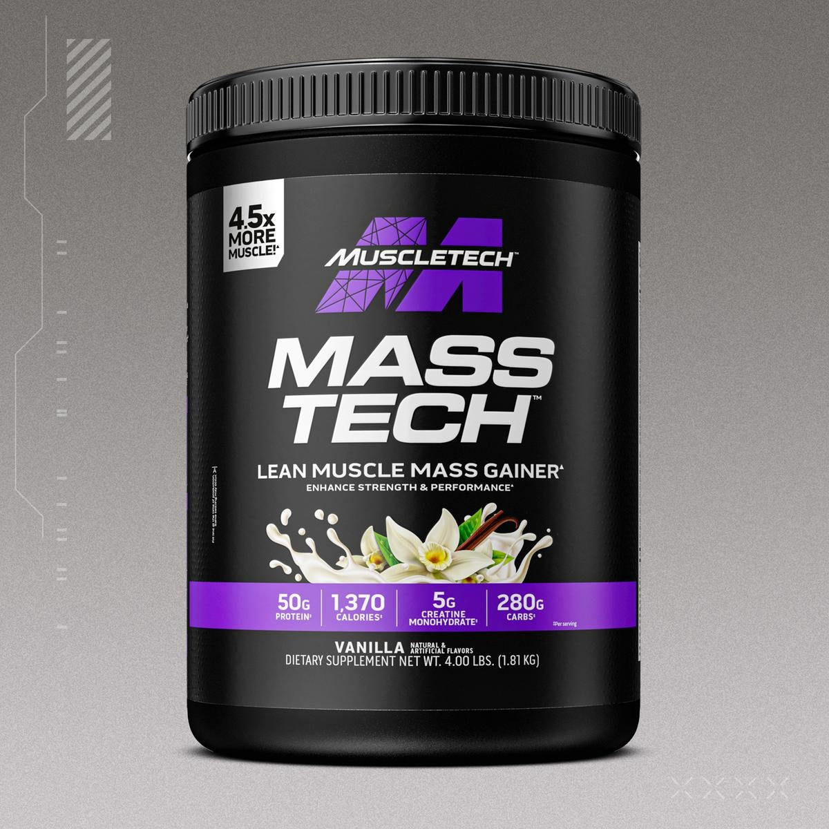 Front label of MuscleTech MassTech Lean Muscle Mass Gainer in Vanilla flavor highlighting 50g protein, 1370 calories, 5g creatine monohydrate, and 280g carbs per serving.