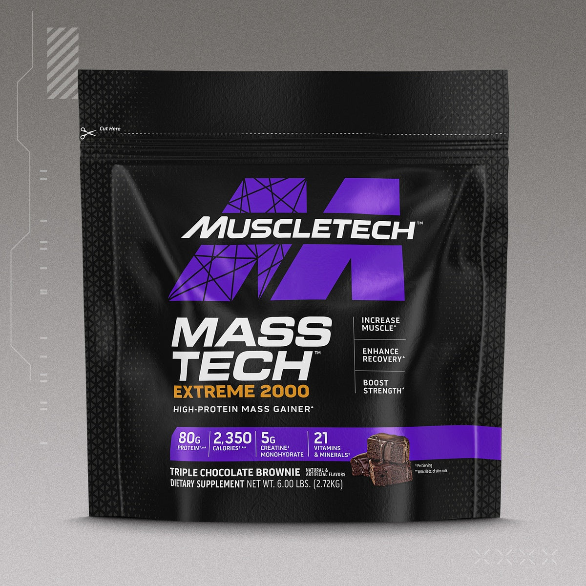 MuscleTech MassTech Extreme 2000 in Triple Chocolate Brownie flavor, high-protein mass gainer with 80g protein, 2,350 calories, 5g creatine monohydrate, and 21 vitamins and minerals per serving.