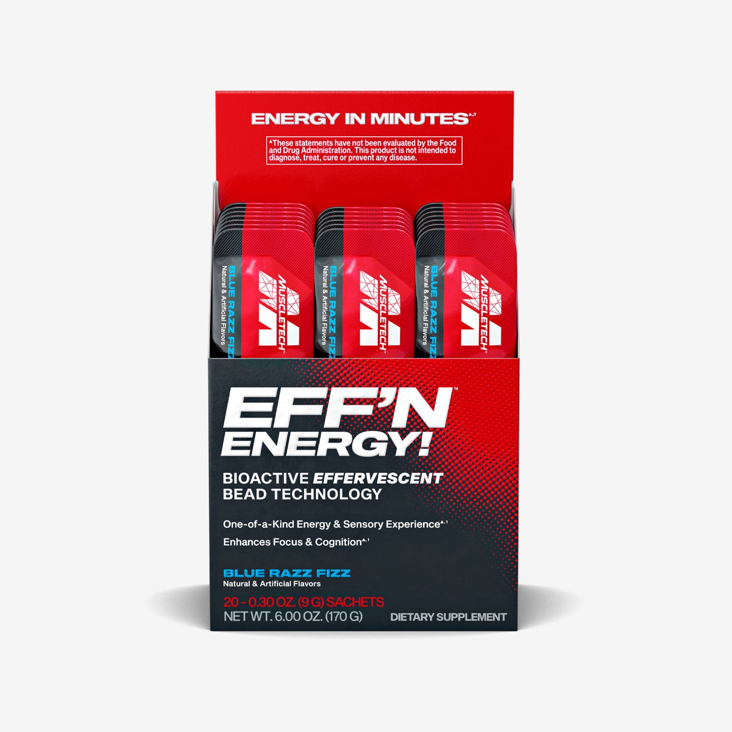 Packaging of EFF'N Energy! dietary supplement with red and black design on a white background