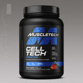 Product image of MuscleTech CellTech Creatine Fruit Punch flavor, highlighting 10g creatine, 5g aminos, and 200mg ALA per serving.