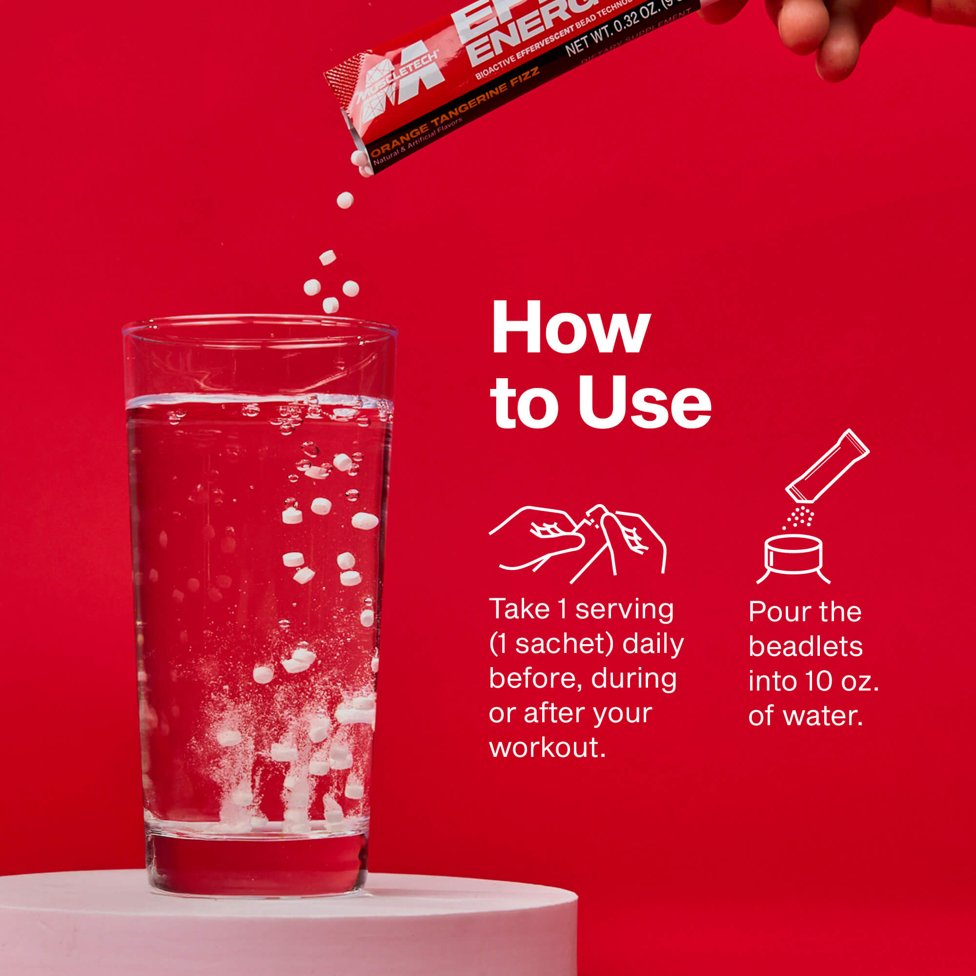 EFFN Energy drink mix packet being poured into a glass of water with usage instructions on a red background.

