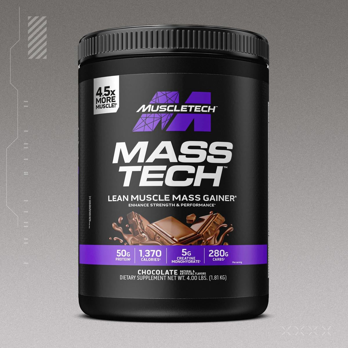 Front label of MuscleTech MassTech Lean Muscle Mass Gainer in Chocolate flavor highlighting 50g protein, 1370 calories, 5g creatine monohydrate, and 280g carbs per serving.