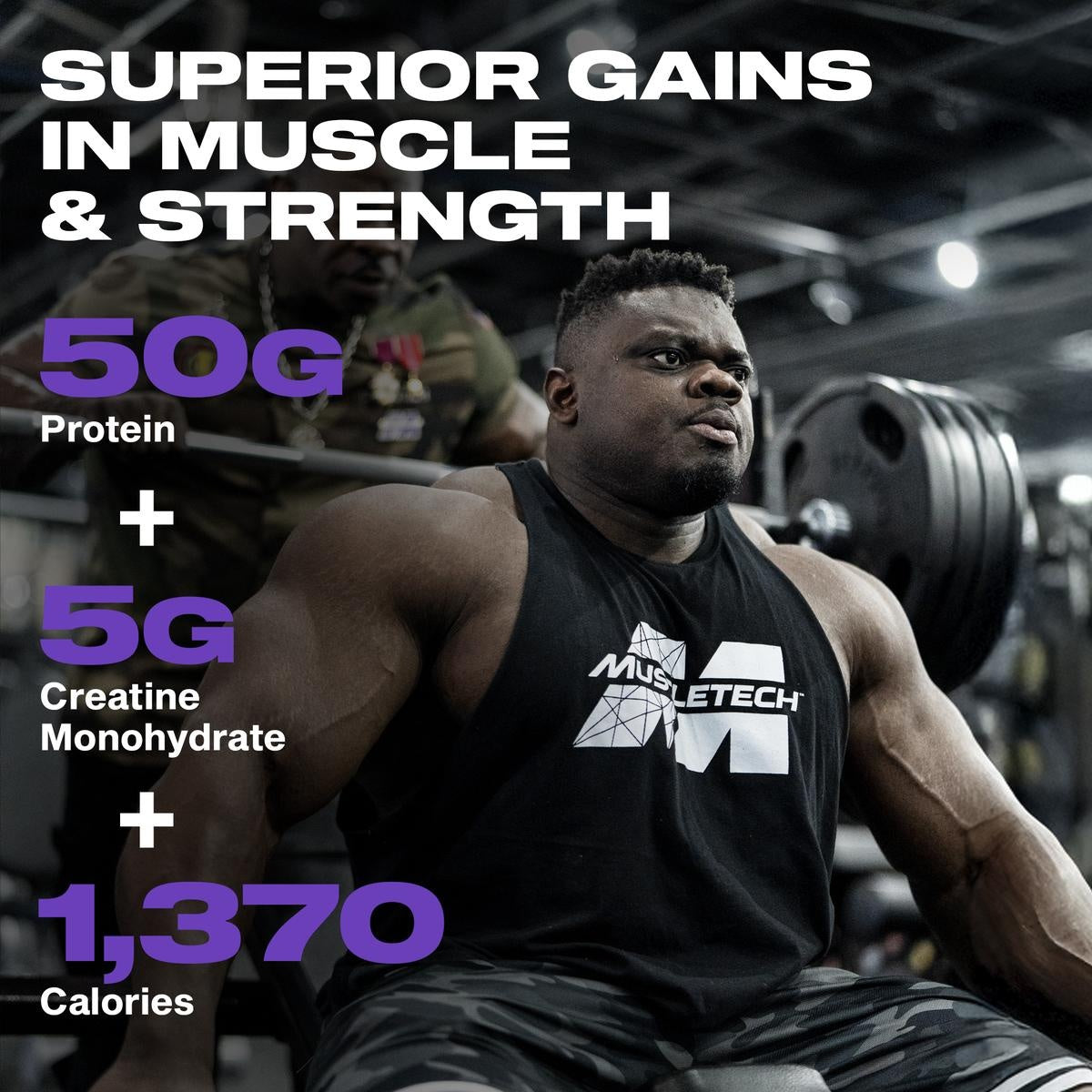 Bodybuilder lifting weights with MassTech product callouts: 50g protein, 5g creatine monohydrate, and 1,370 calories.