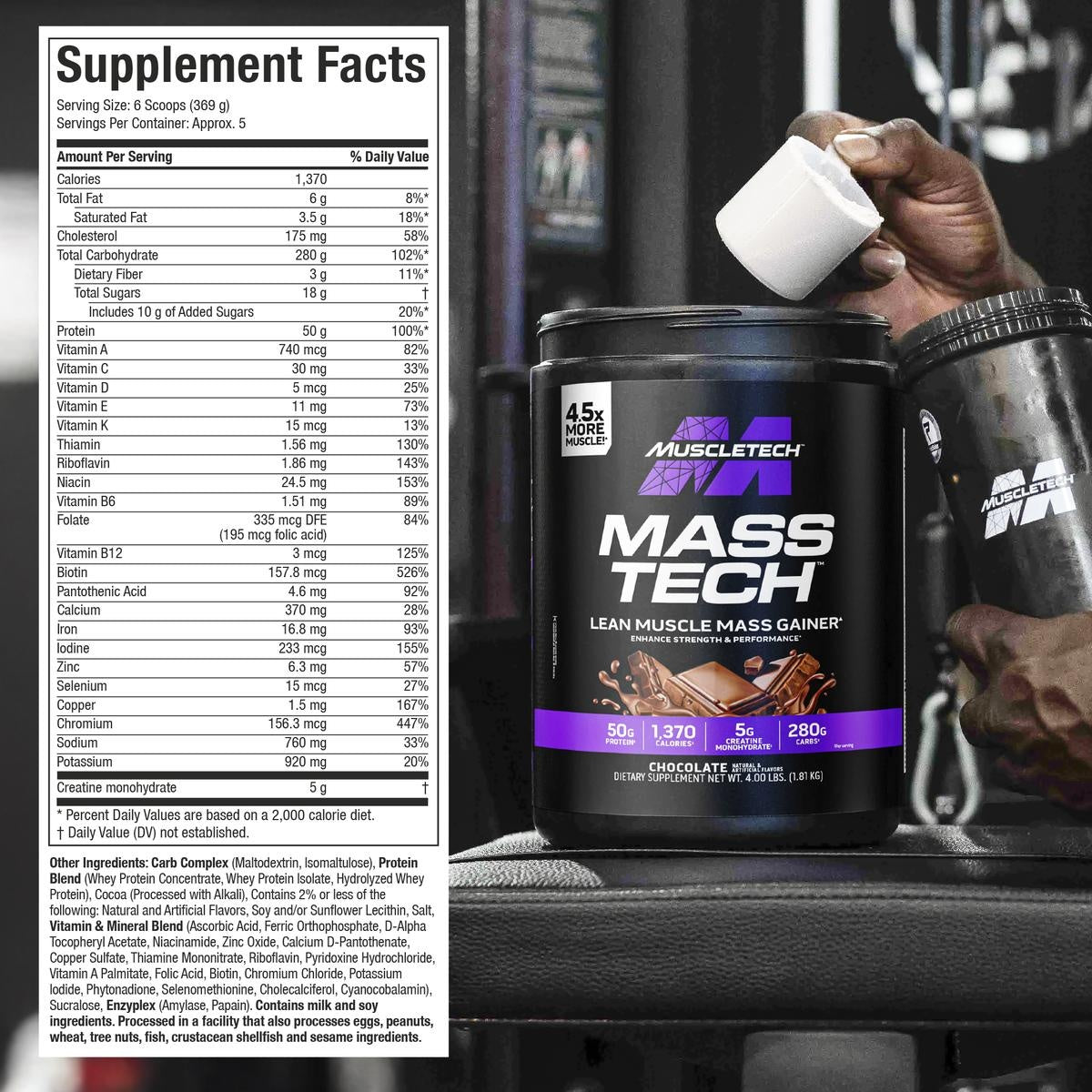 MassTech supplement facts for Chocolate flavor including 1370 calories, 50g protein, 280g carbs, and a vitamin/mineral blend with creatine monohydrate (5g). Ingredients include maltodextrin, whey protein blend, cocoa, soy lecithin, sucralose, and enzymes.