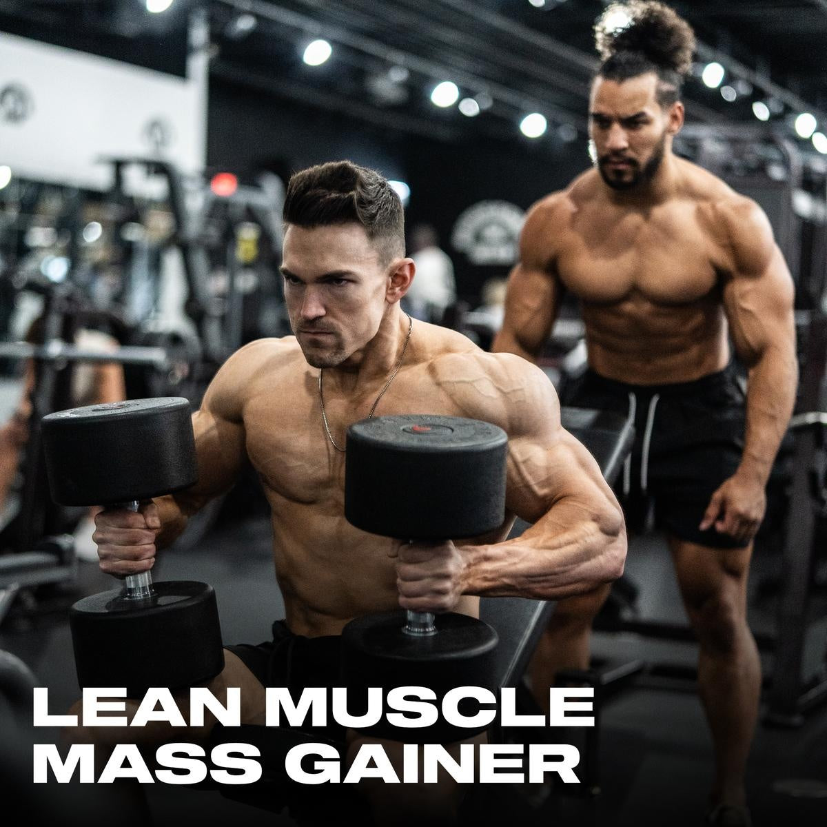 Two muscular men in a gym with “Lean Muscle Mass Gainer” headline to promote MassTech.