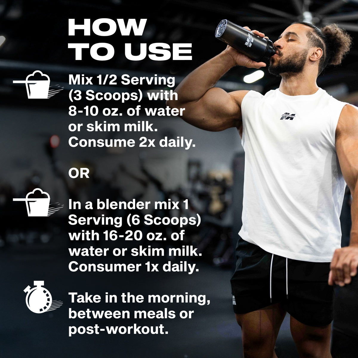 How to use MassTech Extreme 2000: Mix 3 scoops with 8–10 oz. of water or skim milk twice daily, or 6 scoops with 16–20 oz. once daily. Consume in the morning, between meals, or post-workout.