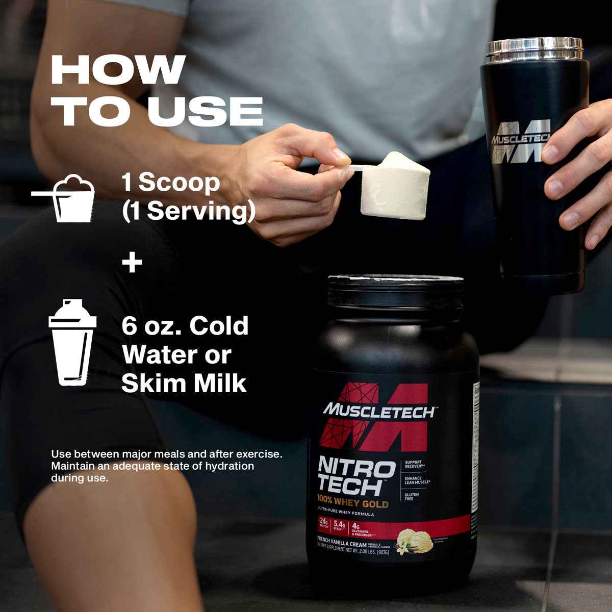 Ho to use: 1 Scoop + 6oz. Cold water or skim milk