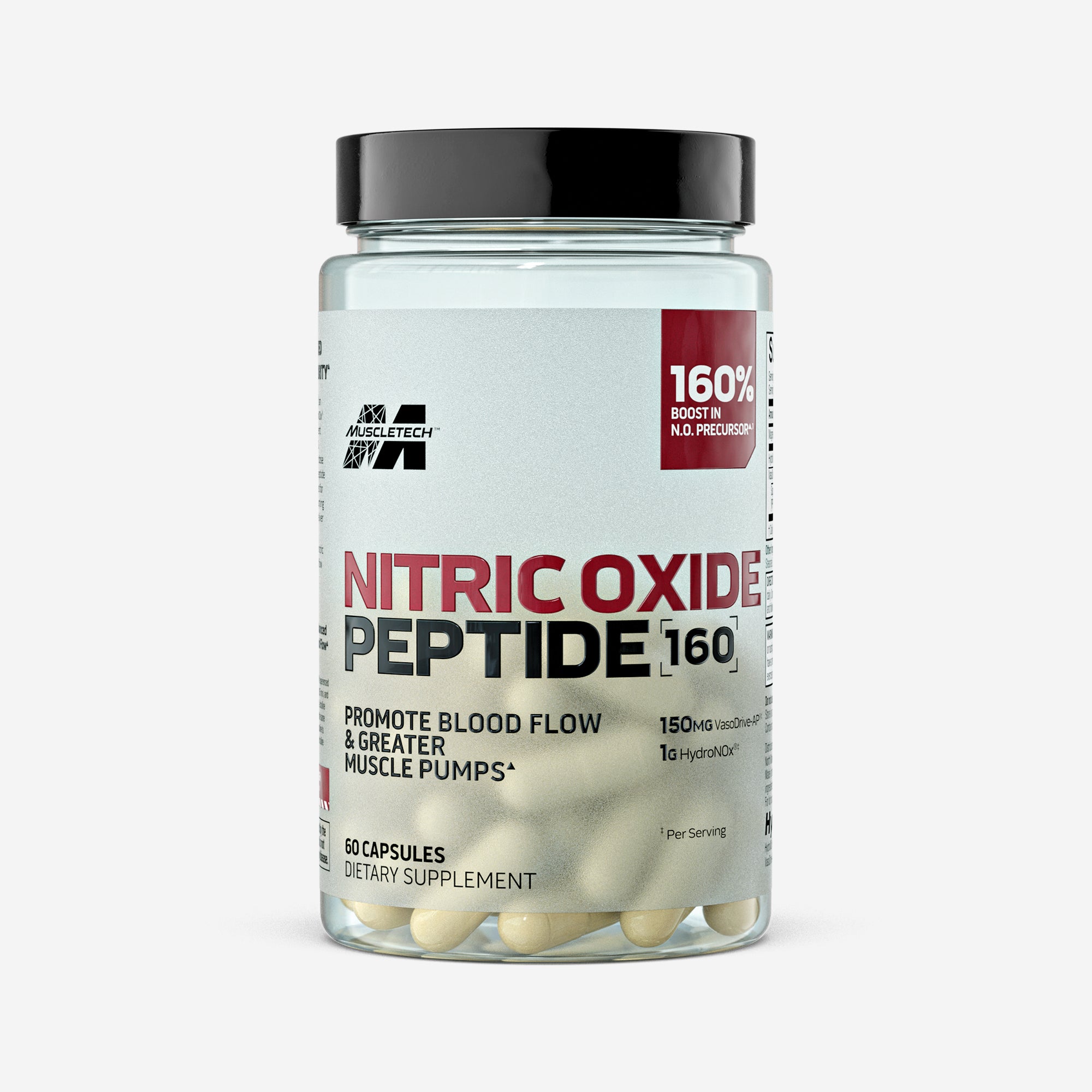 Front view of MuscleTech Nitric Oxide Peptide 160 bottle, 60 capsules for promoting blood flow and muscle pumps.
